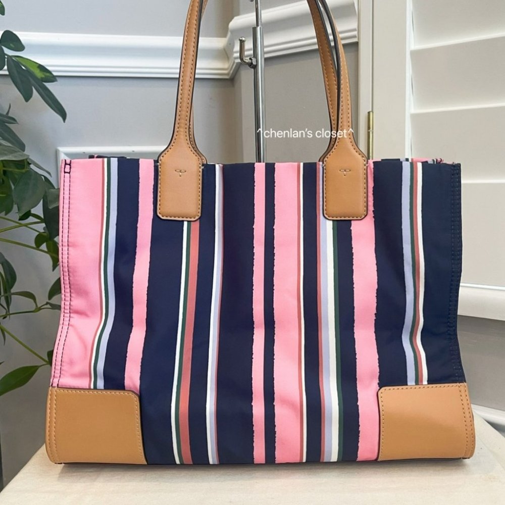 Tory Burch Navy, Pink & Tan Striped Tote - Picture 3 of 11